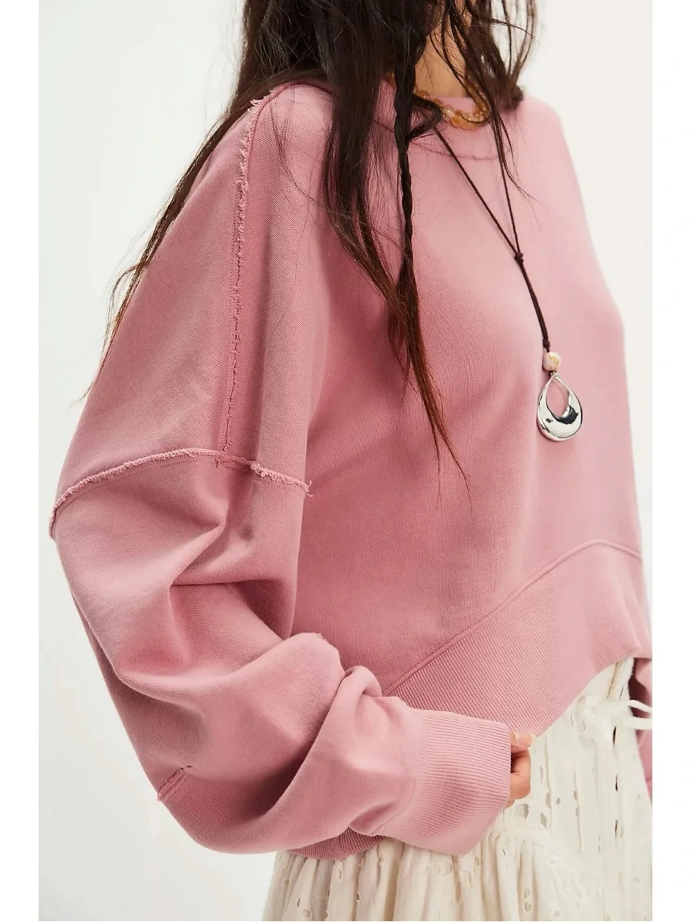 Free People Oversized Boxy Hi Lo Pullover Sweatshirt Mauve Blossom Small NWT